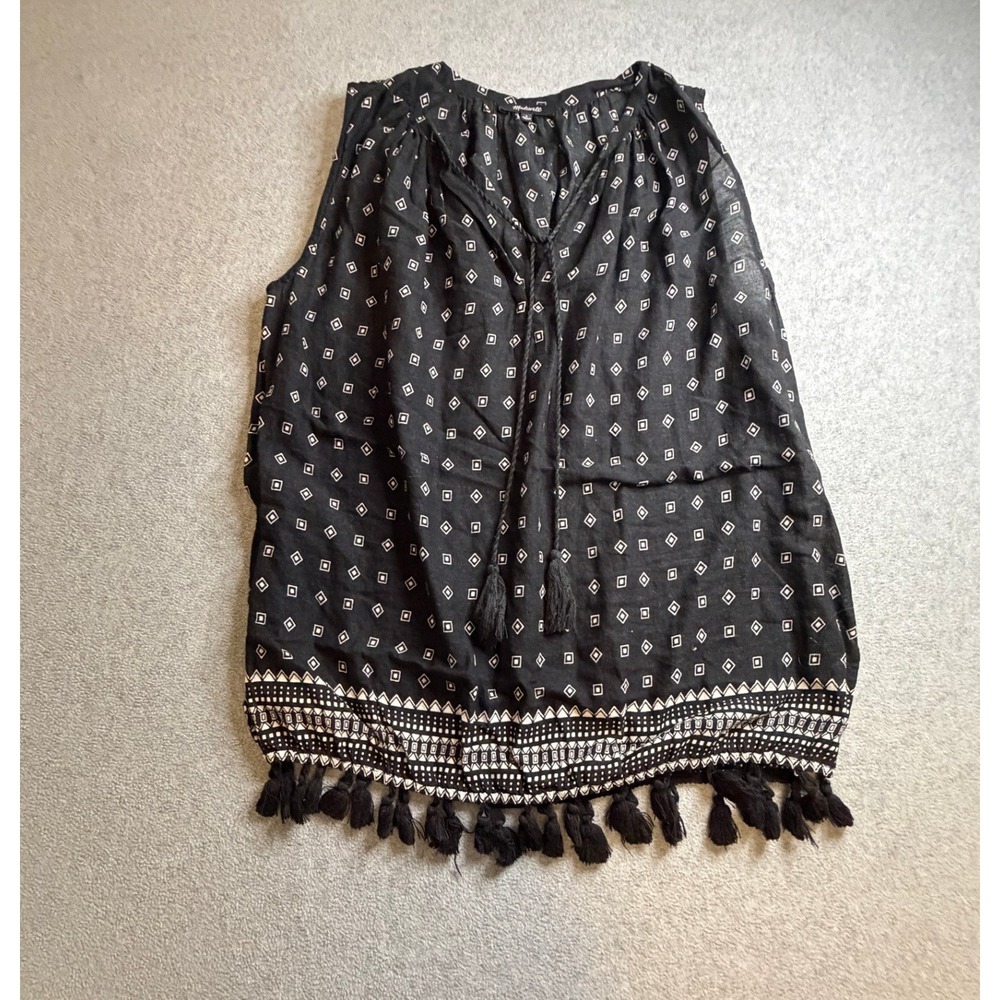 Madewell Black White Geometric Tassel Fringe Sleeveless Peasant Blouse Top Small